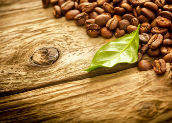 Fresh medium roast coffee beans on rustic wood