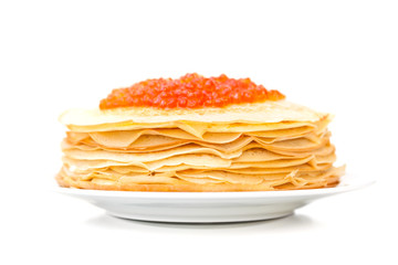 russian pancakes with red caviar on the plate