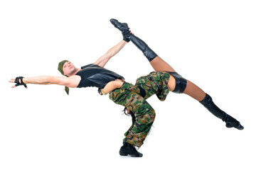 military dancer couple dressed in camouflage costumes