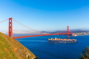 San Francisco Golden Gate Bridge merchant ship in California