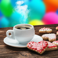 cup of coffee and premium cookies for Valentine
