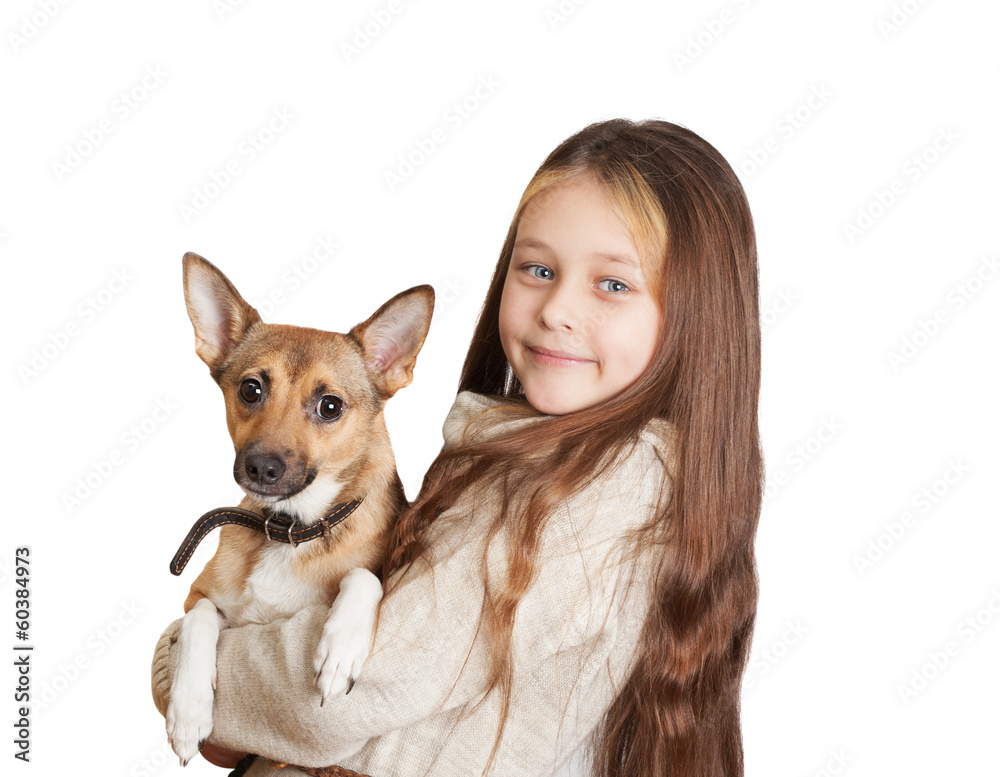 Wall mural little girl with long hair holding a dog