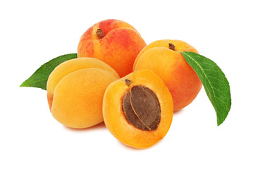 Ripe apricots with green leaves (isolated)
