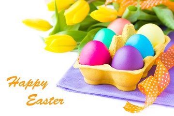 Painted Colorful Easter Eggs on white background with text