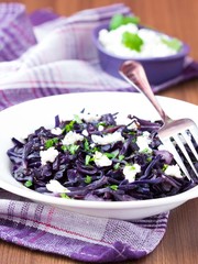 Stewed red cabbage with feta cheese, cilantro, healthy dish © maria_lapina
