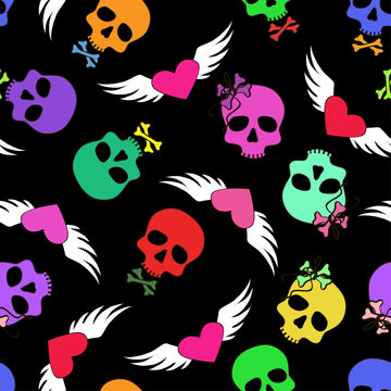 Seamless pattern of funny skulls and winged hearts