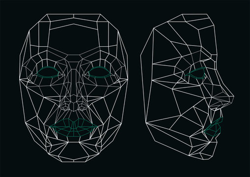 Robot face line art: front and side. Geometrical.