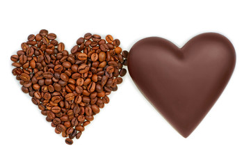 two hearts of chocolate and coffee beans on white background