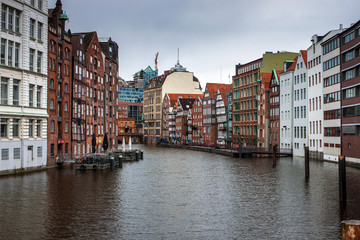 Traditional buildings along canal in Hamburg, Germany