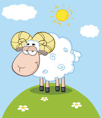 Fototapeta premium Cute Ram Sheep Cartoon Mascot Character On A Hill
