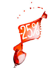 Red wine splash. 25% Sale Discount. Isolated on white background