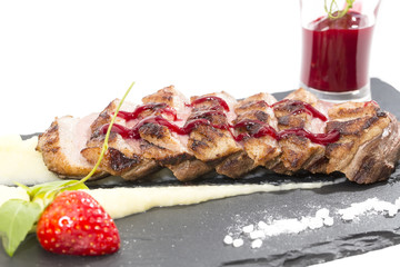 baked goose breast with mashed potatoes and apple sauce