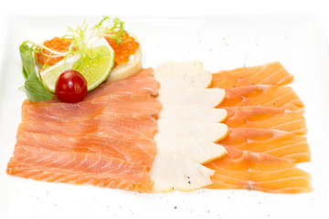 Sliced bacon with sauce and greens