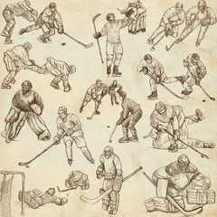 Fototapeta na wymiar Ice Hockey - hand drawings collection on old paper