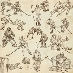 Aluminium Prints Winter sports Ice Hockey - hand drawings collection on old paper