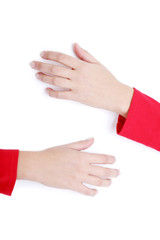 Overweight female hands holding blank board