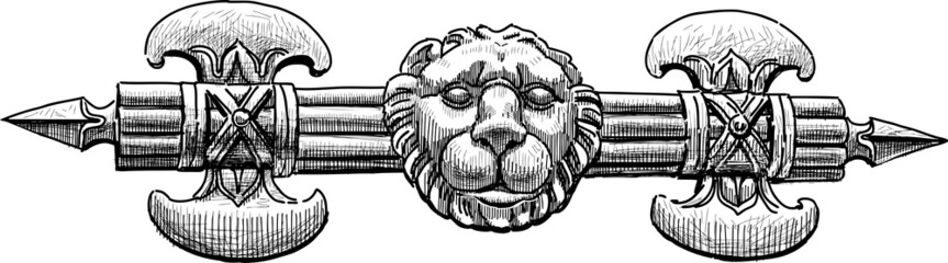 architectural detail of axe and lion head