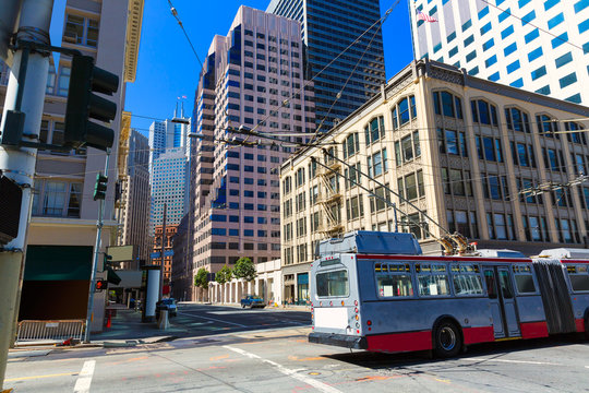 San Francisco downtown buildings and tram California