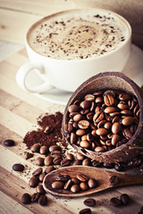 Cocos Bowls with coffee beans/coffee background