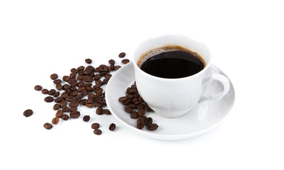 cup of black coffee with roasted coffe beans 2