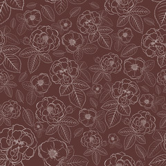 Seamless pattern of flowers, white on brown