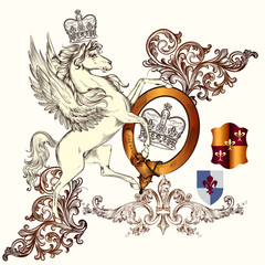 Antique heraldic design with winged horse and shields