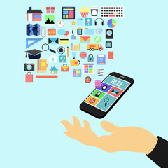 hand holding applications graphical user interface flat icons wi