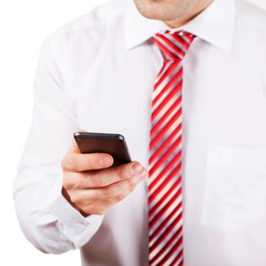 Close up of a man using mobile smart phone