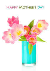 Pink tulips in bright vase, isolated on white