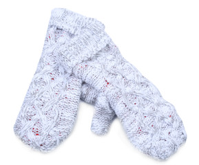 Woman knitted gloves, isolated on white