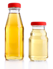 Baby food (juices) in glass jars, isolated on white