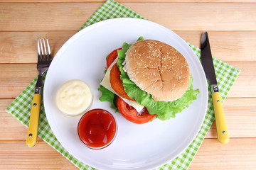 Tasty sandwich with cutlet,