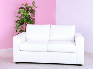 White sofa in room on pink wall background