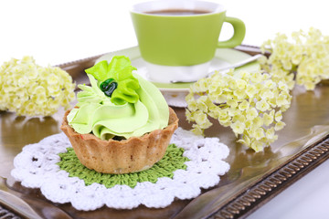 Tasty cake on tray close-up