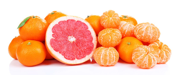 Ripe sweet tangerines and grapefruit, isolated on white