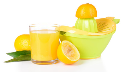 Citrus press and lemons isolated on white