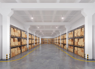 3d rendered warehouse with many racks and boxes