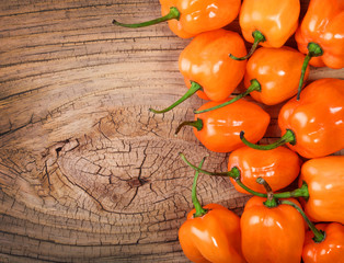 Extremely Hot Habanero Peppers on wooden background