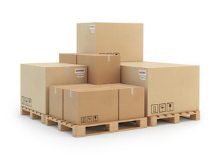 Cardboard boxes on a pallet. Isolated on white background.