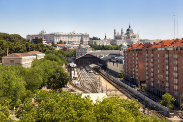 Fototapeta na wymiar Madrid view, with Prince Pio station, Royal palace and the Almud