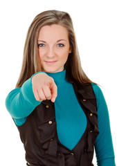 young woman shows sign and symbol by hands on white background