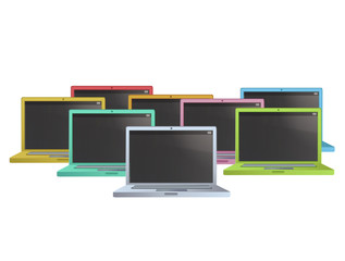 Set of modern colorful laptops over white background.