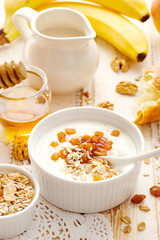Healthy breakfast. Apple yogurt with cereal
