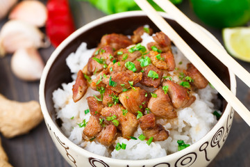 Bowl of rice with meat