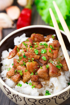 Bowl of rice with meat