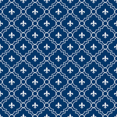 White and Blue Fleur-De-Lis Pattern Textured Fabric Background