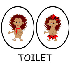 Man and woman toilet signs. Funny cartoon hedgehogs