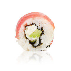 traditional fresh japanese sushi rolls on a white background