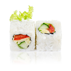 traditional fresh japanese sushi rolls on a white background