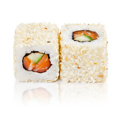 traditional fresh japanese sushi rolls on a white background